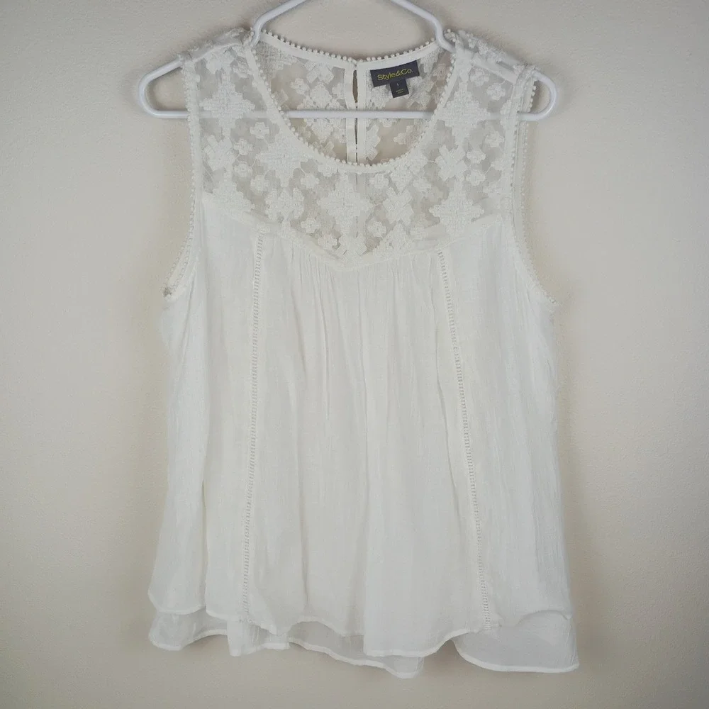 Style & Co White Lace Yoke Sleeveless Blouse Boho Crinkle Top Large - Picture 2 of 8